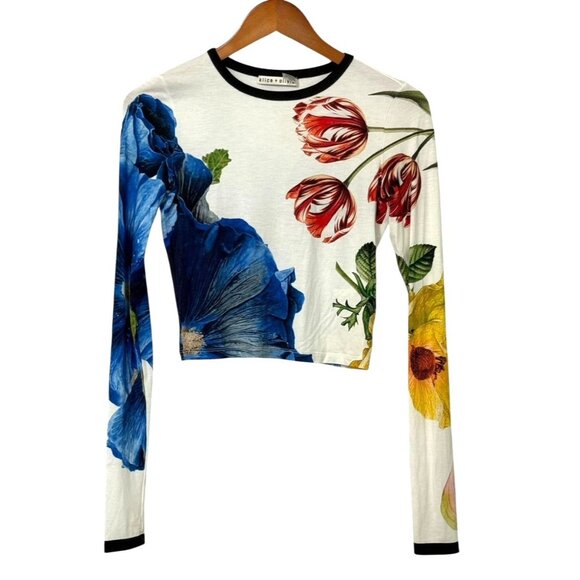 Alice + Olivia Delaina Floral Crewneck Crop Top in Le Parisien Long Slv Size XS - Picture 1 of 7